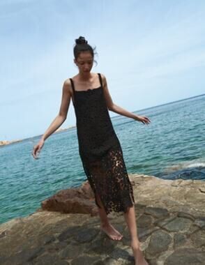 Zara Black Spaghetti Strap Macrame Knit Midi / Maxi Dress with Side Slits Large
